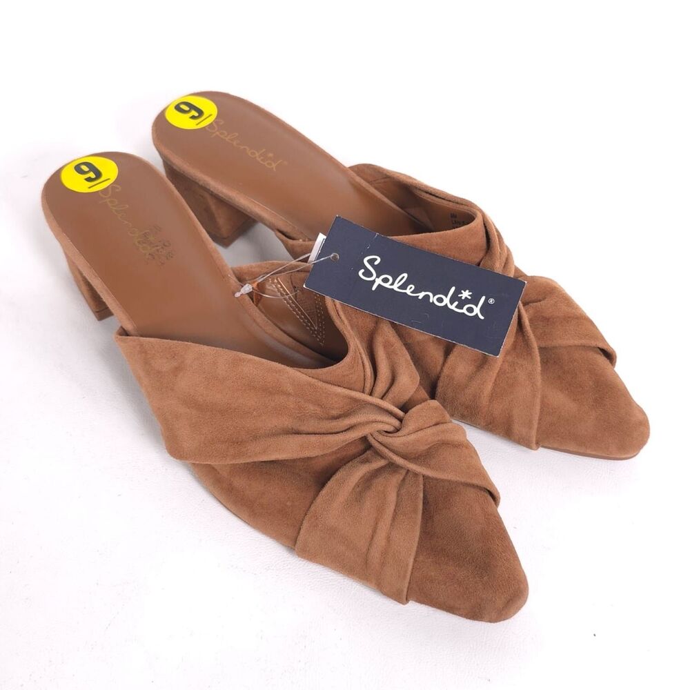Splendid New Lanis GENUINE SUEDE LEATHER Mules 9 M Caramel Knot Heeled Pointed - Picture 5 of 15